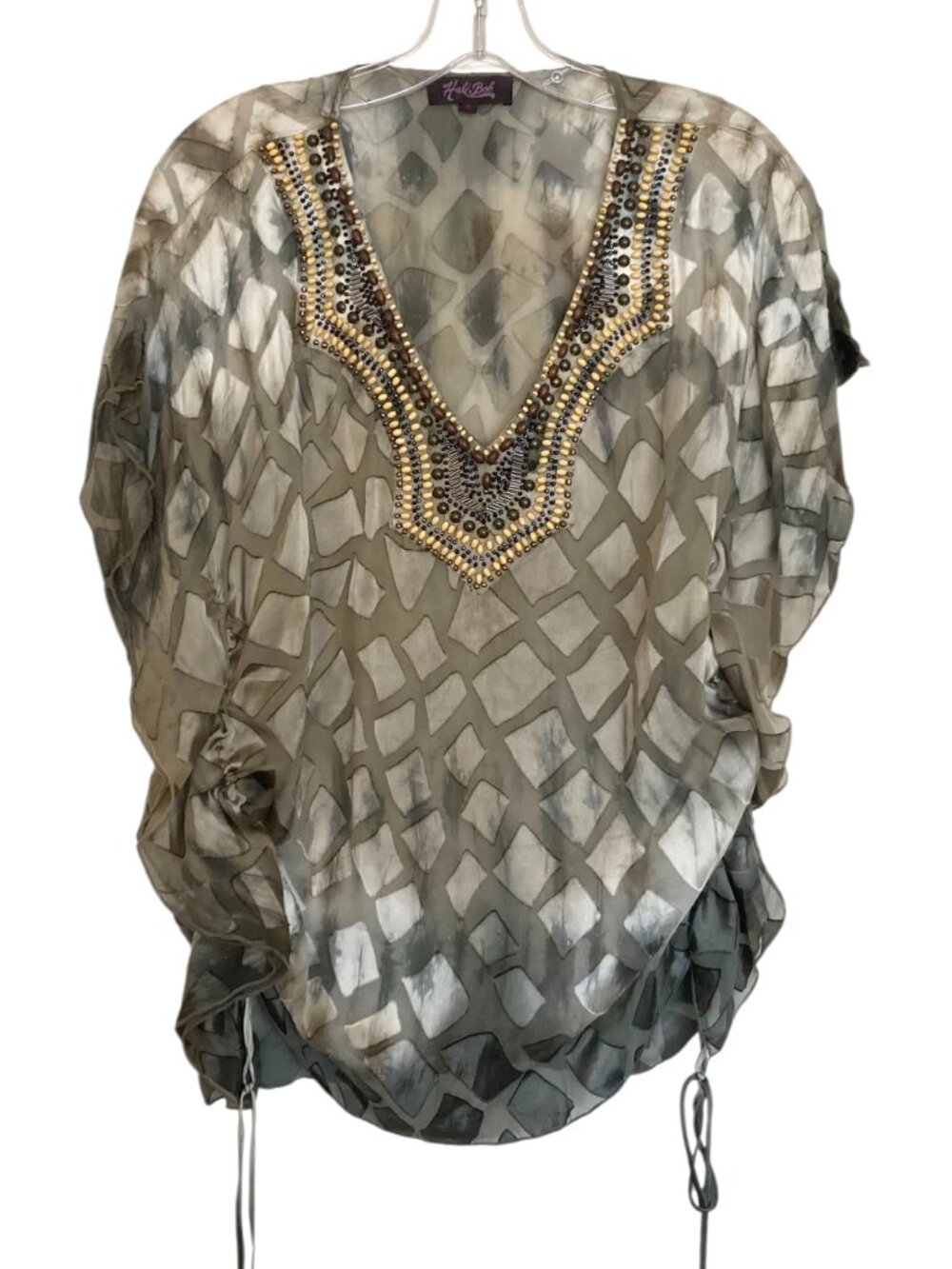 HALE BOB Silk Blend Beaded V-Neck Draped Sheer Drawstring Top
